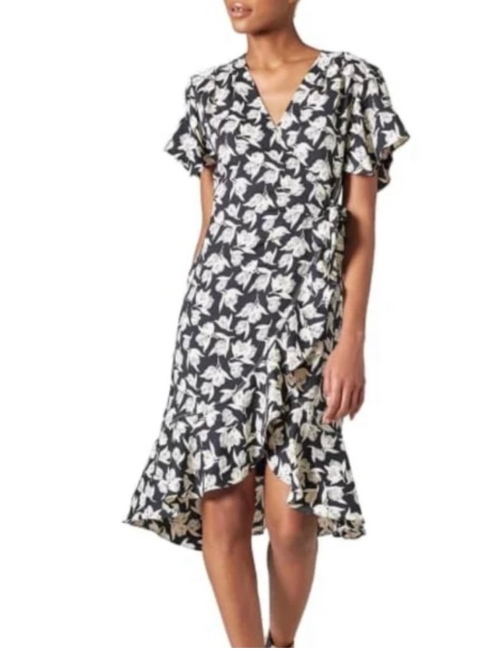 Joie Black & White Floral High-Low Wrap Dress